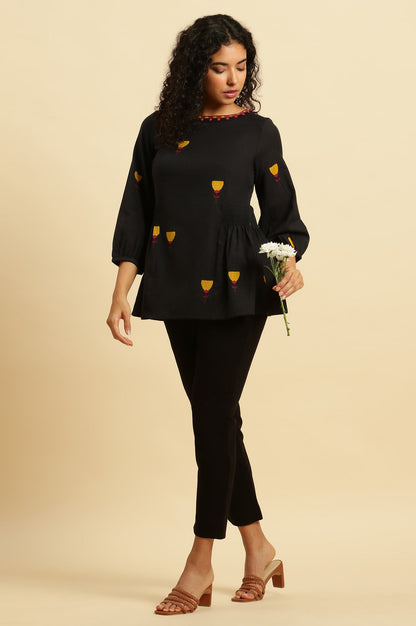 W for Woman Black Yarn Dyed Smocked Peplum Top