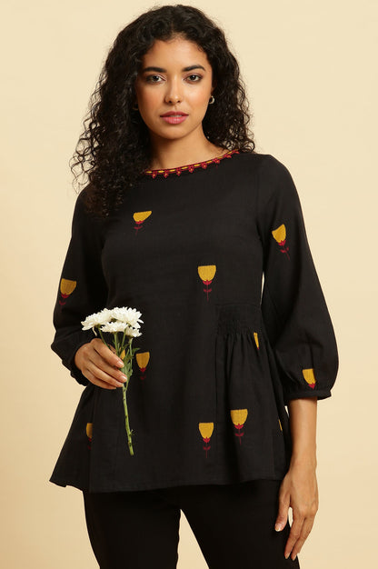 W for Woman Black Yarn Dyed Smocked Peplum Top