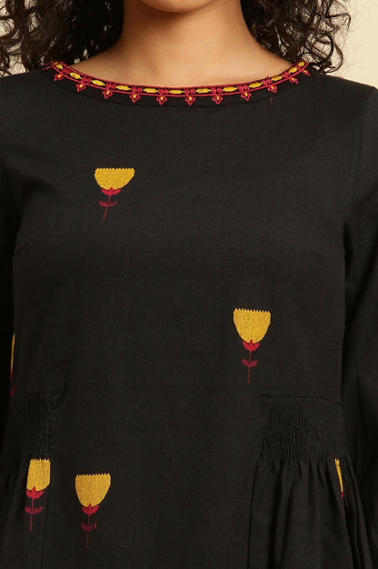 W for Woman Black Yarn Dyed Smocked Peplum Top