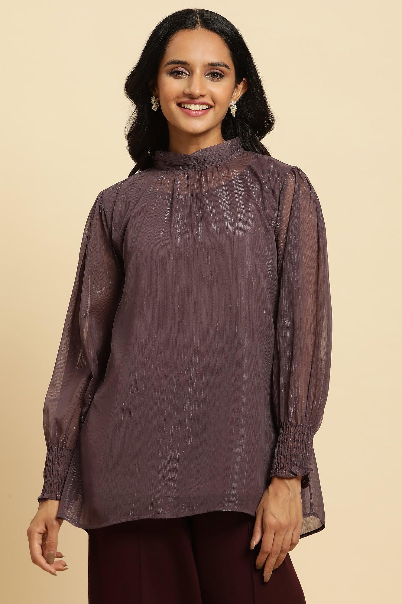 W for Woman Purple Turtle Neck Sheer Top