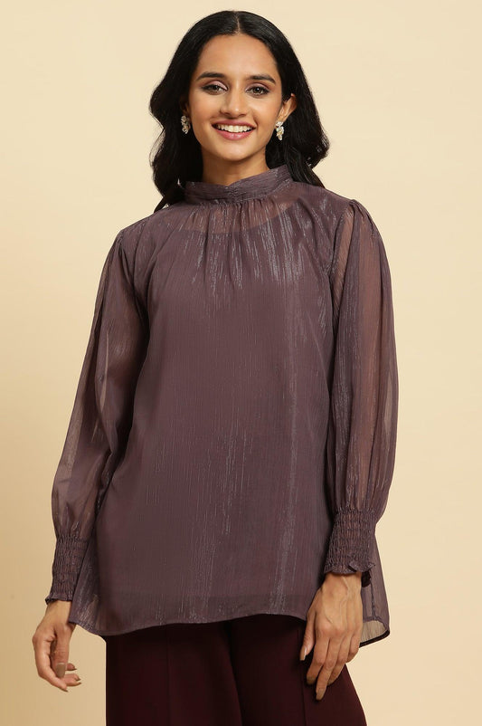 W for Woman Purple Turtle Neck Sheer Top