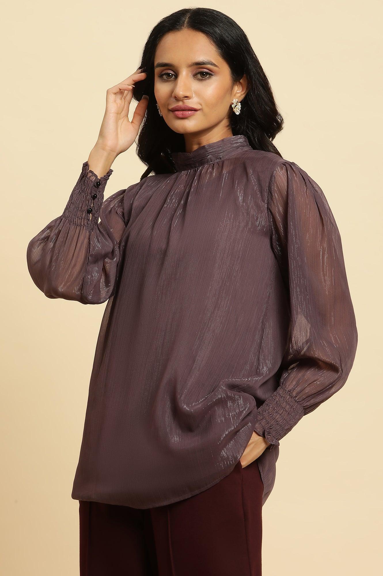 W for Woman Purple Turtle Neck Sheer Top