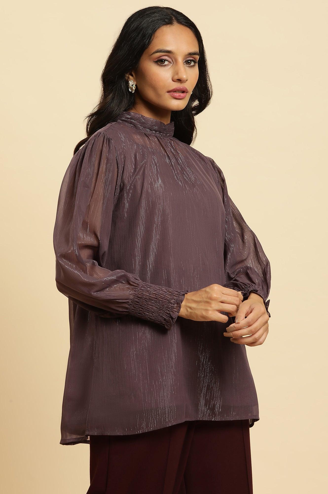 W for Woman Purple Turtle Neck Sheer Top