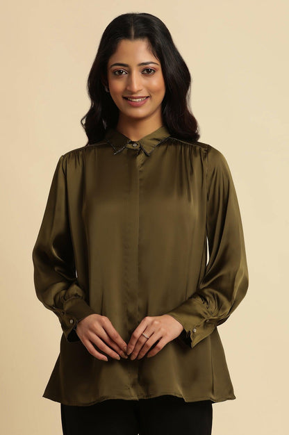 W for Woman Olive Green Modal Satin Embellished Shirt