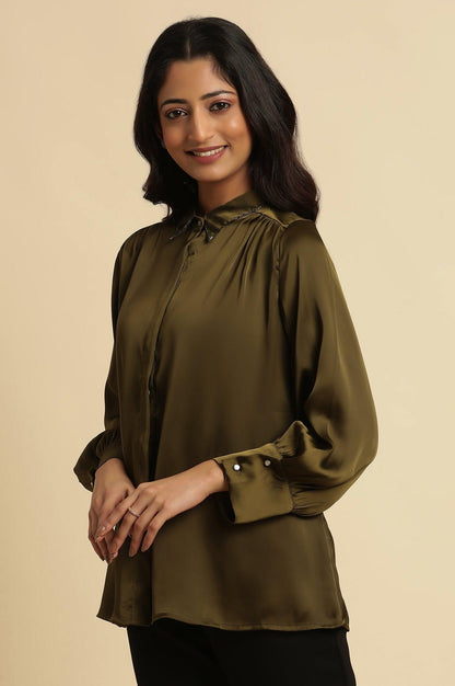 W for Woman Olive Green Modal Satin Embellished Shirt