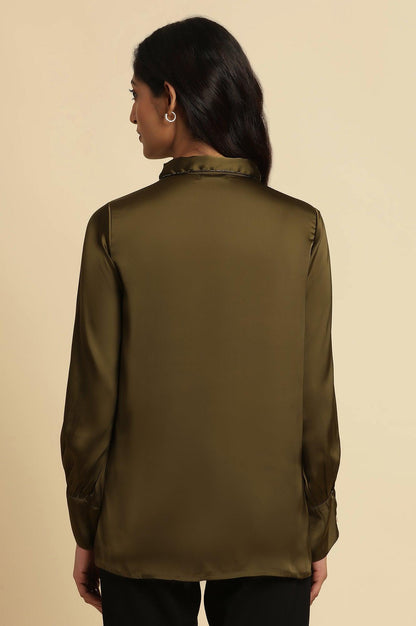 W for Woman Olive Green Modal Satin Embellished Shirt