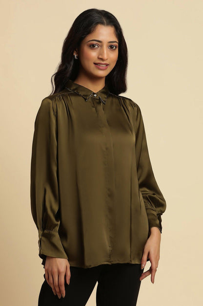 W for Woman Olive Green Modal Satin Embellished Shirt
