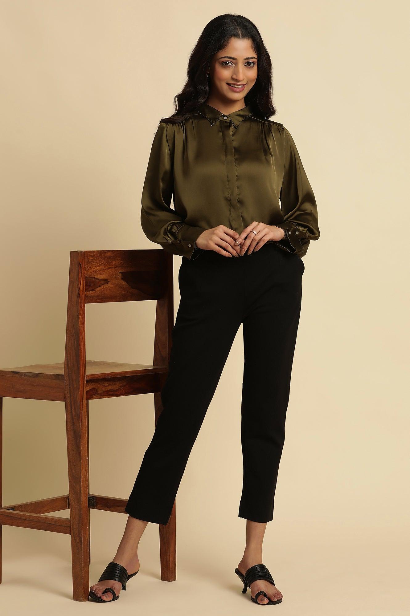 W for Woman Olive Green Modal Satin Embellished Shirt