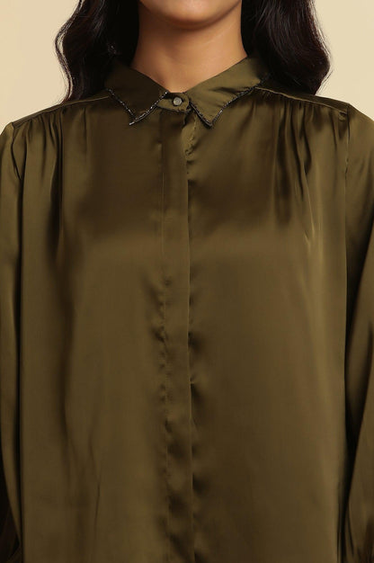 W for Woman Olive Green Modal Satin Embellished Shirt
