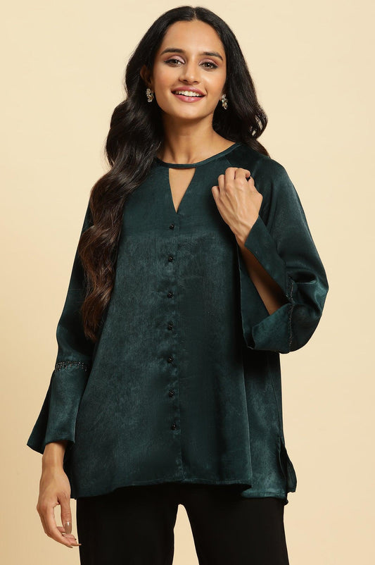 W for Woman Green Neck Cutout Embellished Shirt