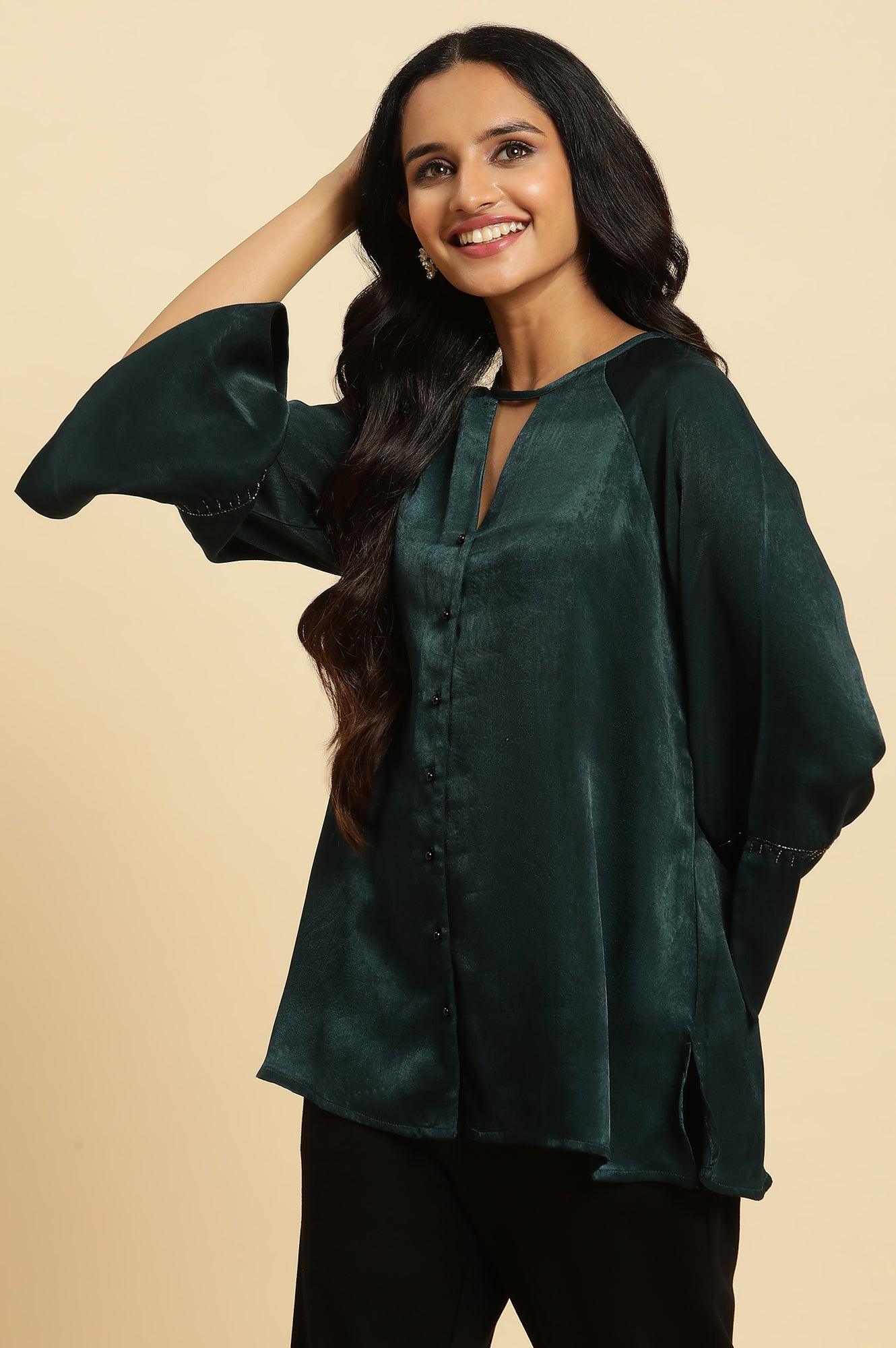 W for Woman Green Neck Cutout Embellished Shirt