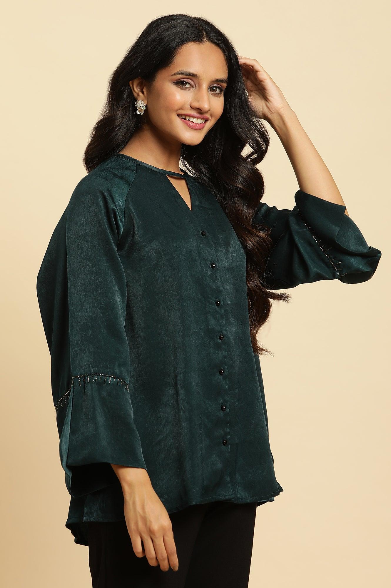 W for Woman Green Neck Cutout Embellished Shirt