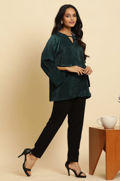 W for Woman Green Neck Cutout Embellished Shirt