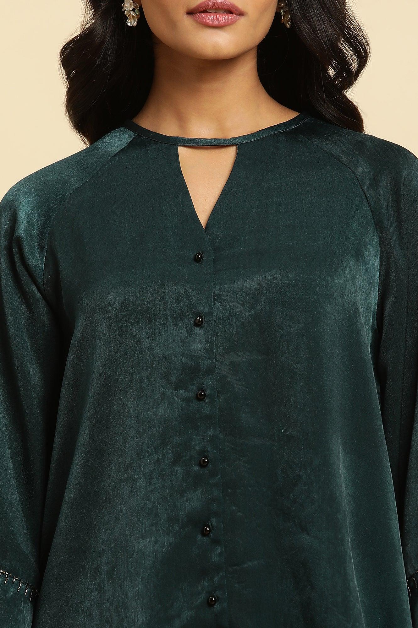 W for Woman Green Neck Cutout Embellished Shirt