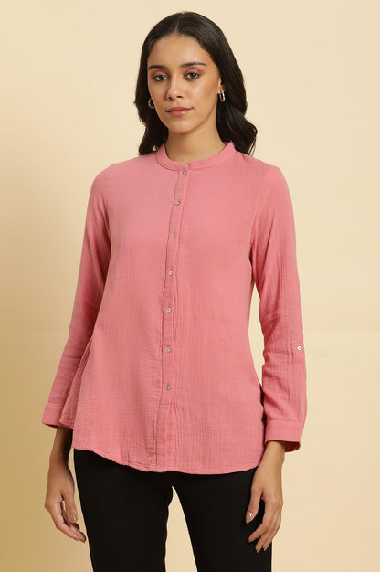 W for Woman Pink Mandarin Collar Western Straight Top