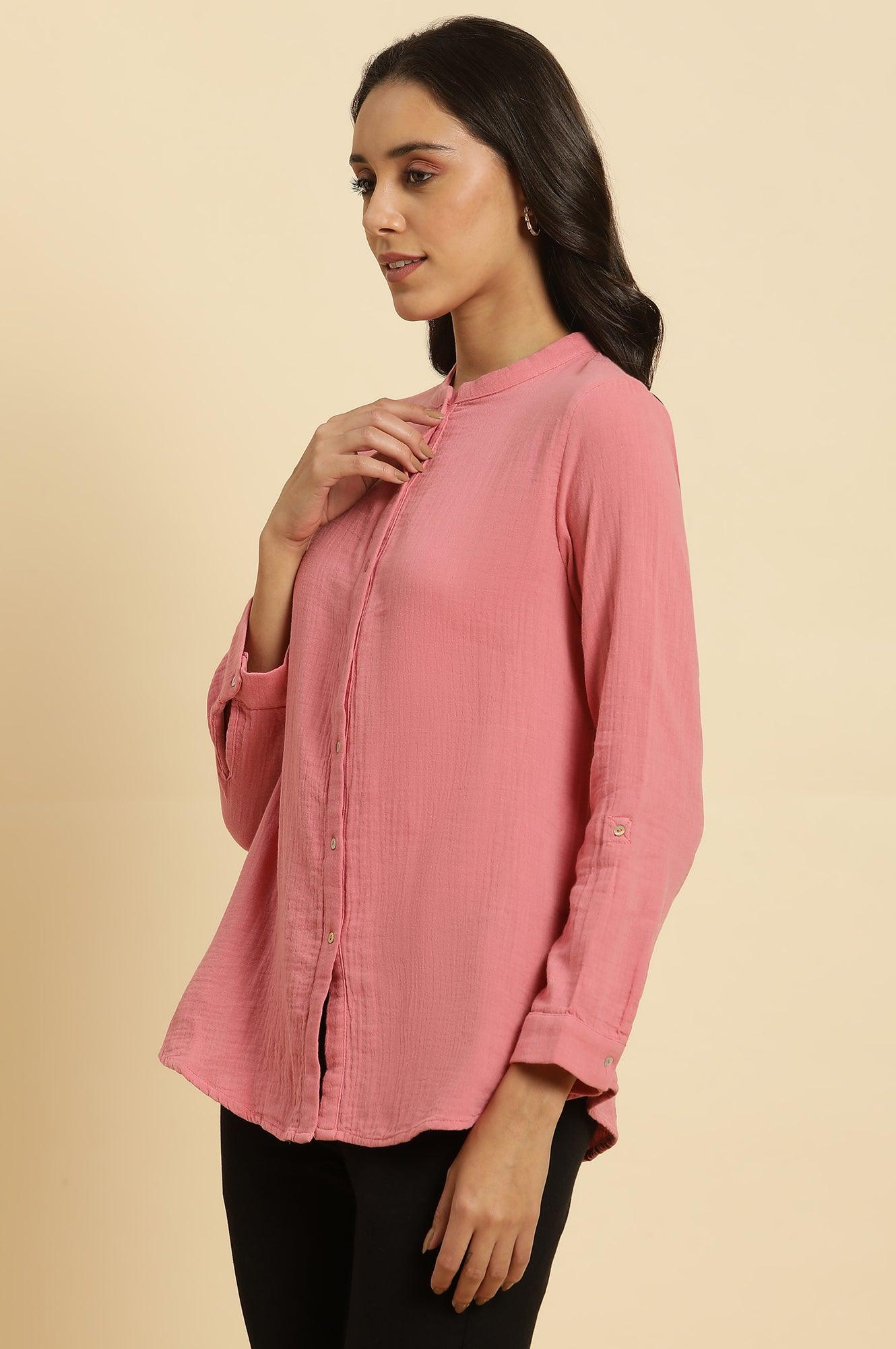 W for Woman Pink Mandarin Collar Western Straight Top