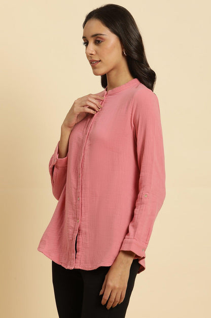 W for Woman Pink Mandarin Collar Western Straight Top