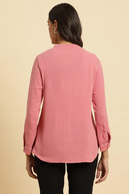 W for Woman Pink Mandarin Collar Western Straight Top