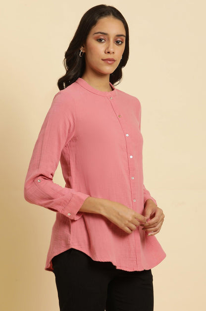 W for Woman Pink Mandarin Collar Western Straight Top