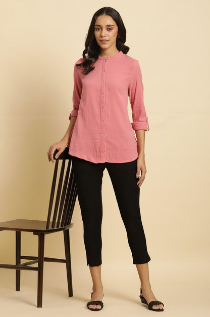 W for Woman Pink Mandarin Collar Western Straight Top