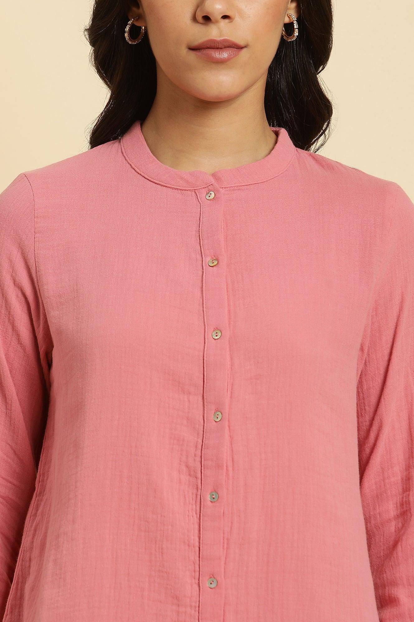 W for Woman Pink Mandarin Collar Western Straight Top