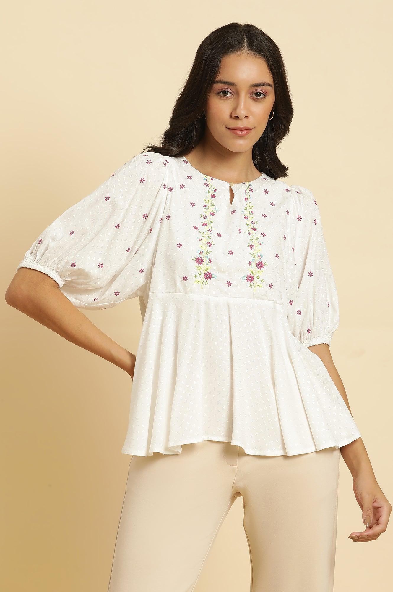 W for Woman White Peplum Cotton Top with Embroidered Yoke