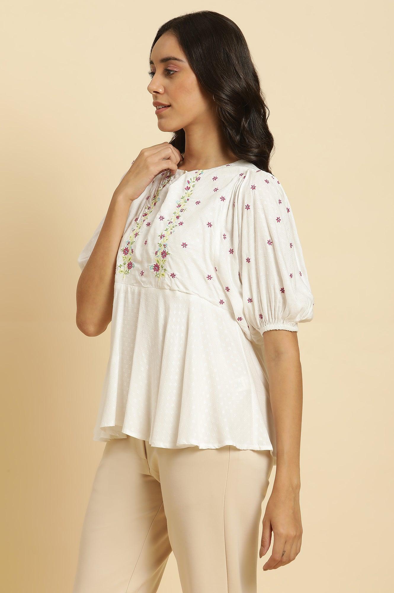 W for Woman White Peplum Cotton Top with Embroidered Yoke