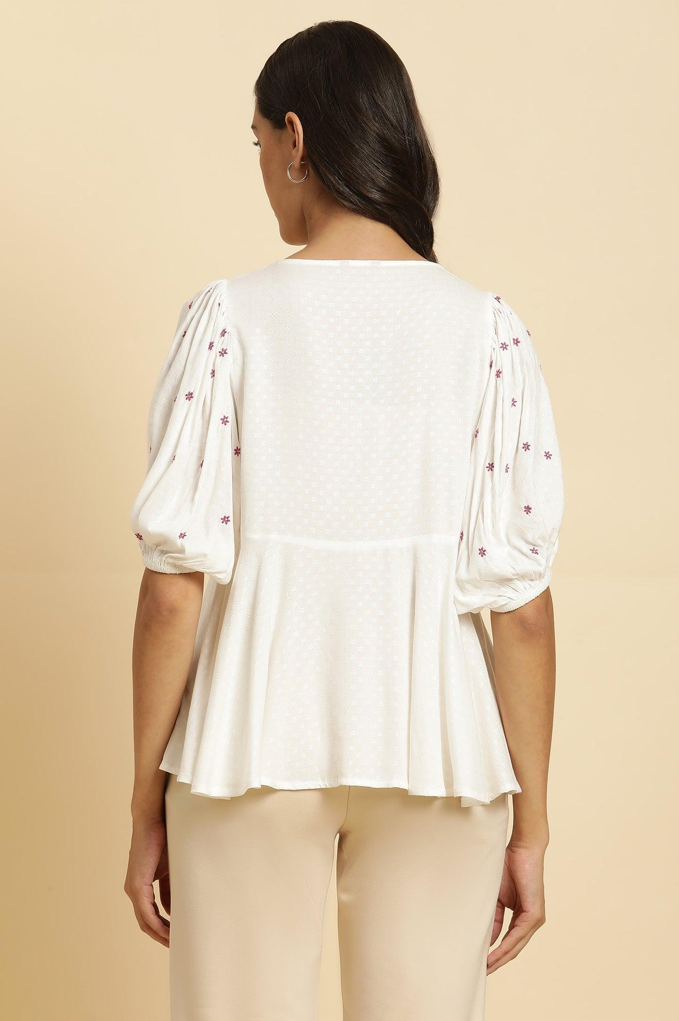 W for Woman White Peplum Cotton Top with Embroidered Yoke