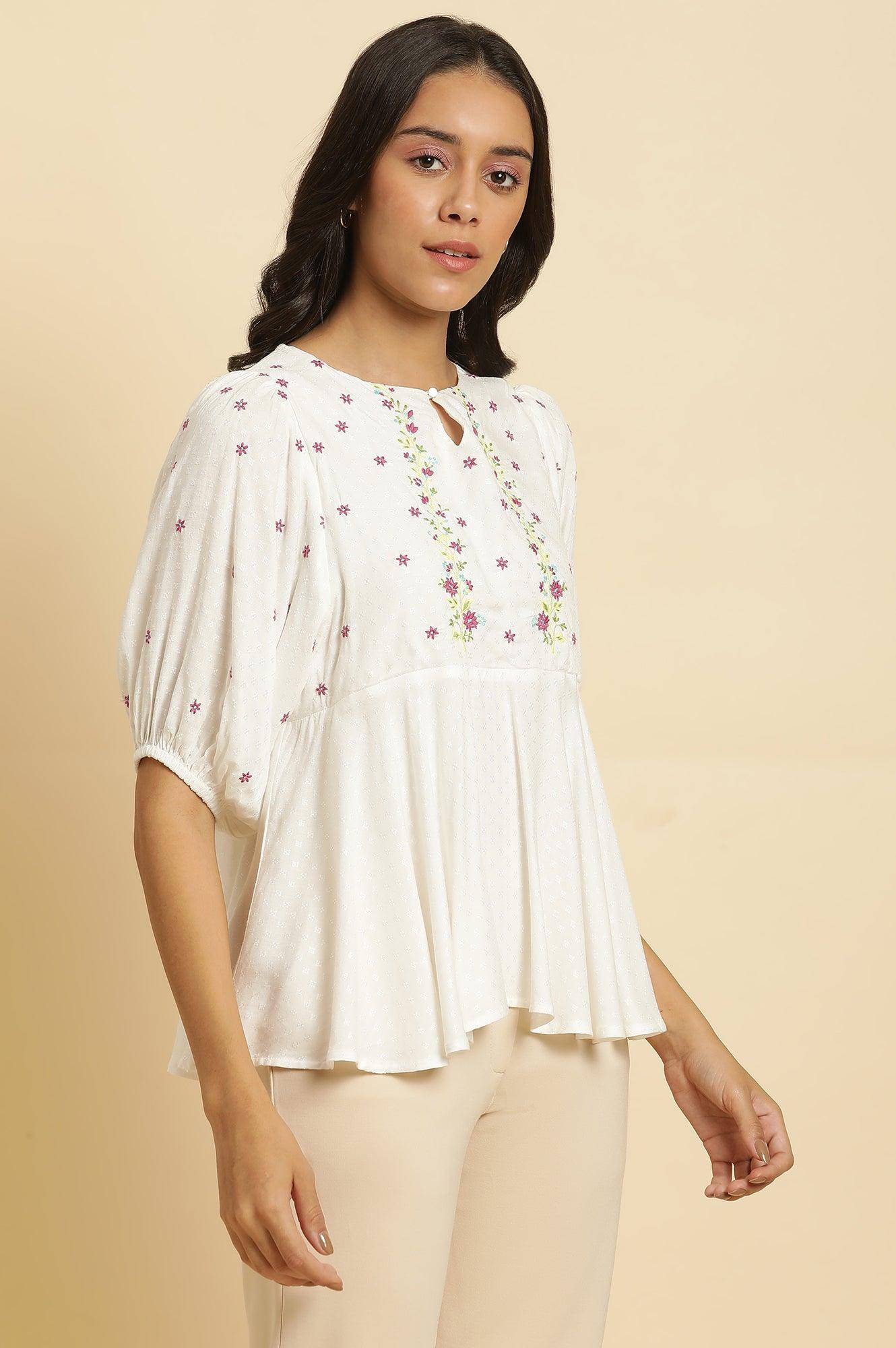 W for Woman White Peplum Cotton Top with Embroidered Yoke