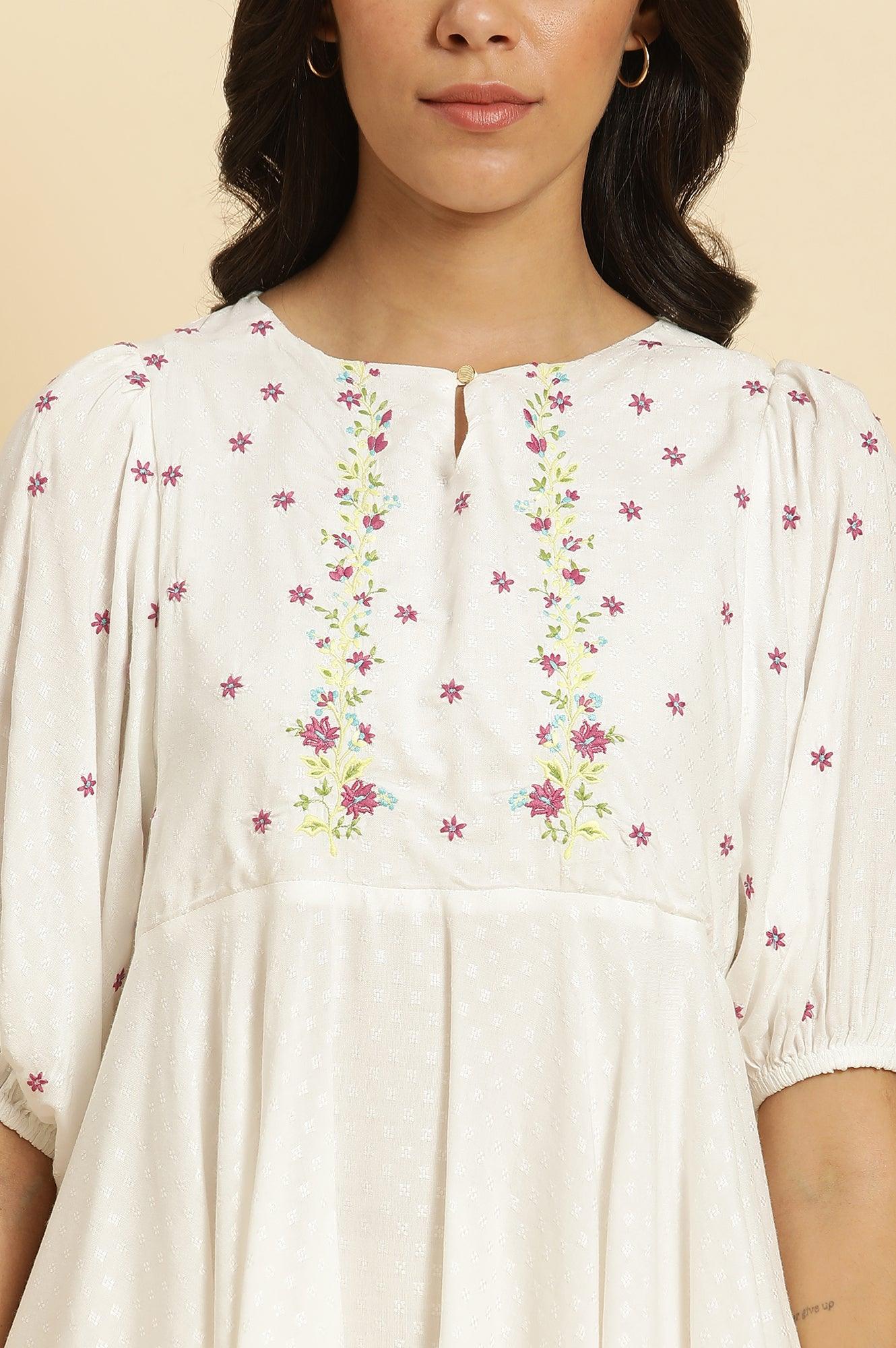 W for Woman White Peplum Cotton Top with Embroidered Yoke