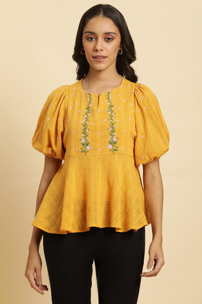 W for Woman Yellow Peplum Top With Embroidered Yoke