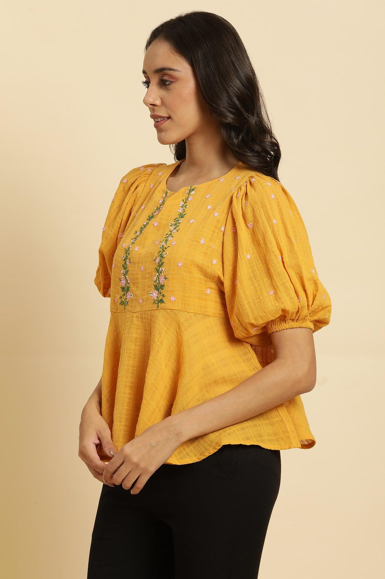W for Woman Yellow Peplum Top With Embroidered Yoke