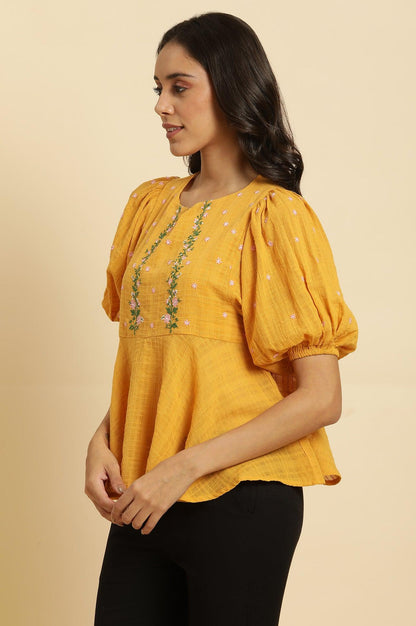 W for Woman Yellow Peplum Top With Embroidered Yoke