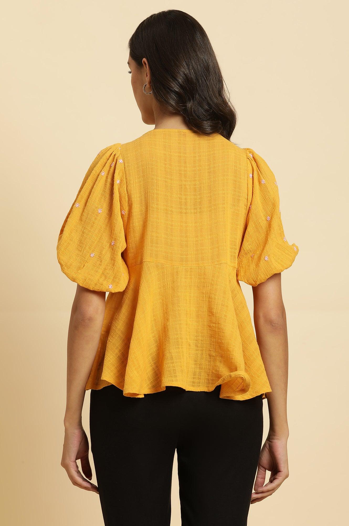 W for Woman Yellow Peplum Top With Embroidered Yoke