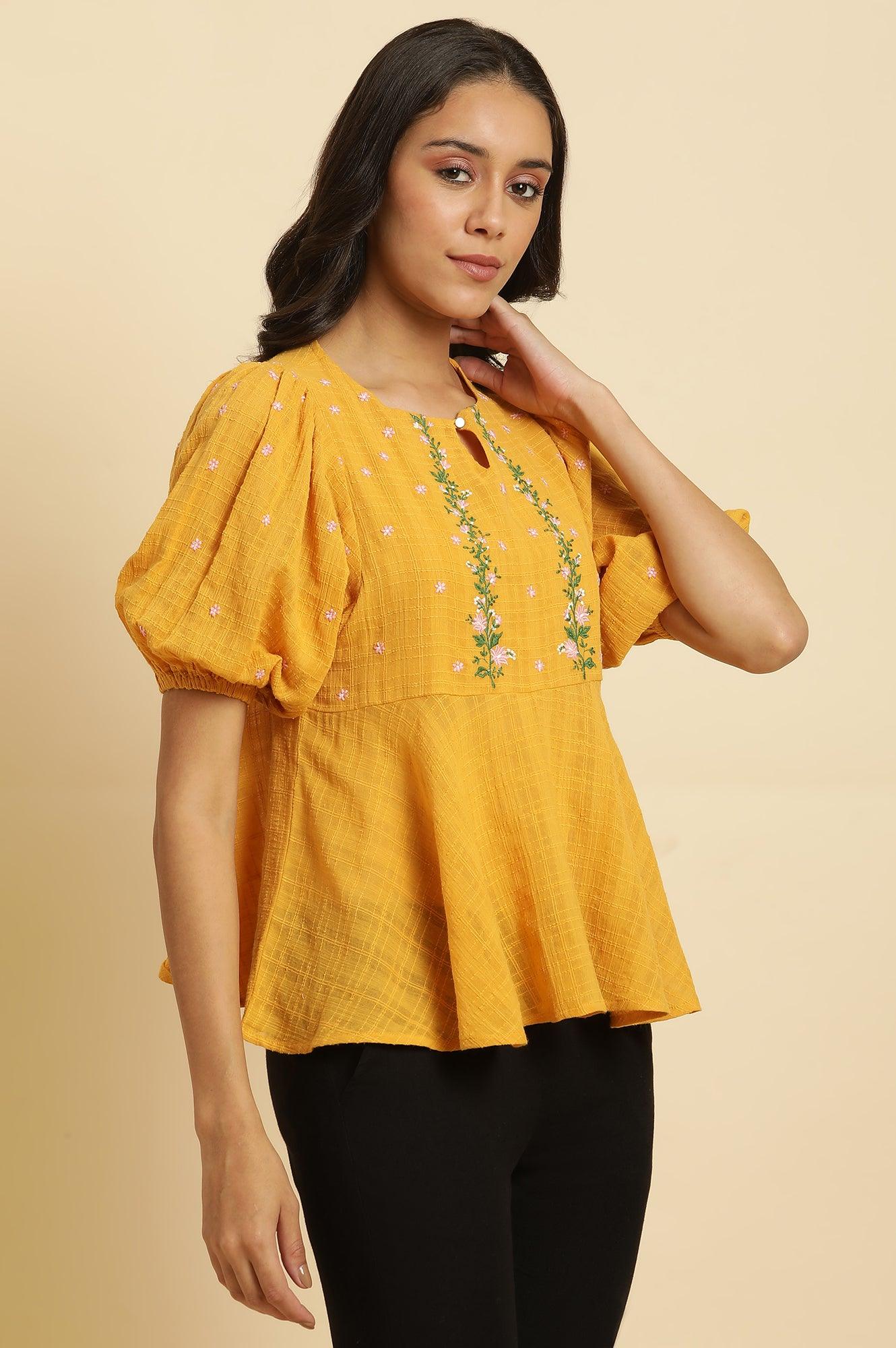 W for Woman Yellow Peplum Top With Embroidered Yoke