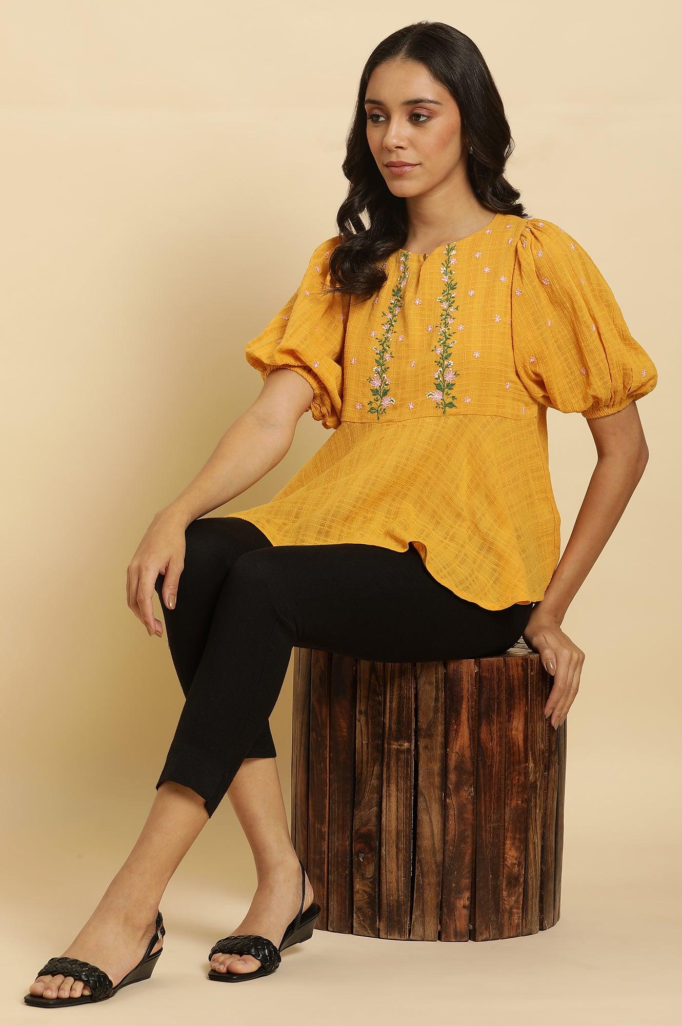W for Woman Yellow Peplum Top With Embroidered Yoke