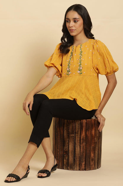 W for Woman Yellow Peplum Top With Embroidered Yoke