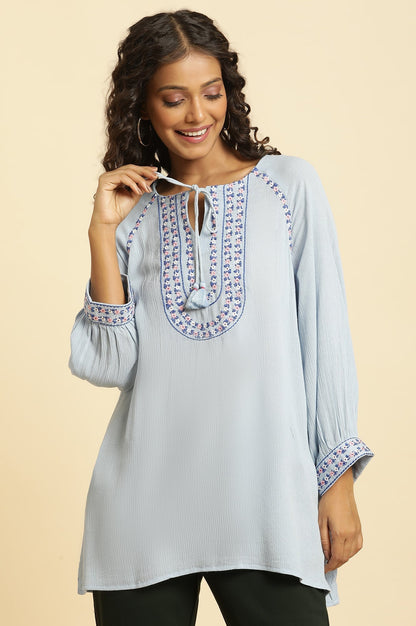 W for Woman Powder Blue Top With Embroidered Yoke