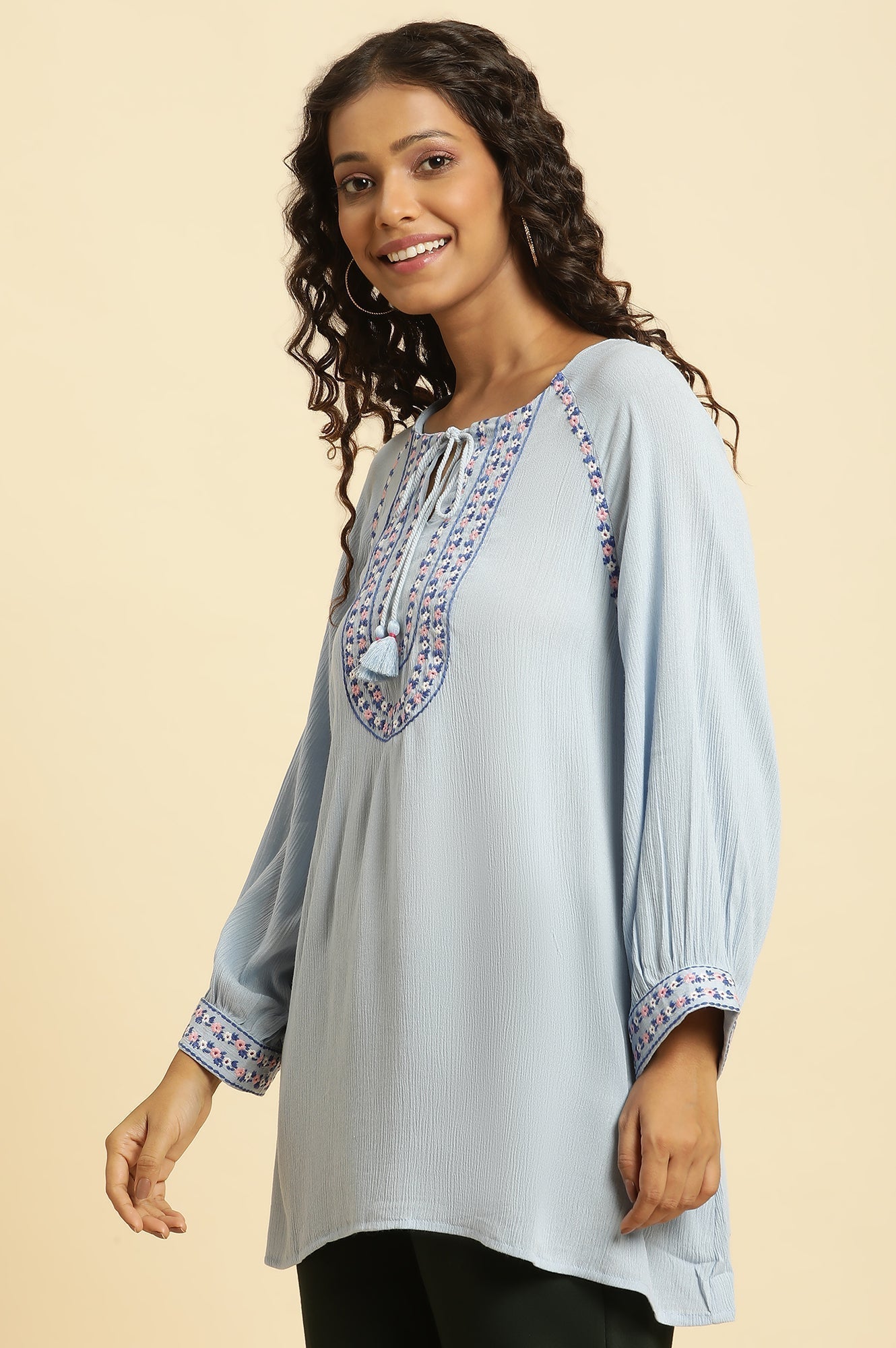 W for Woman Powder Blue Top With Embroidered Yoke