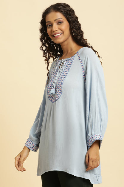 W for Woman Powder Blue Top With Embroidered Yoke