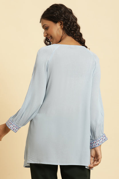 W for Woman Powder Blue Embroidered Yoke Rayon Crepe Straight Top