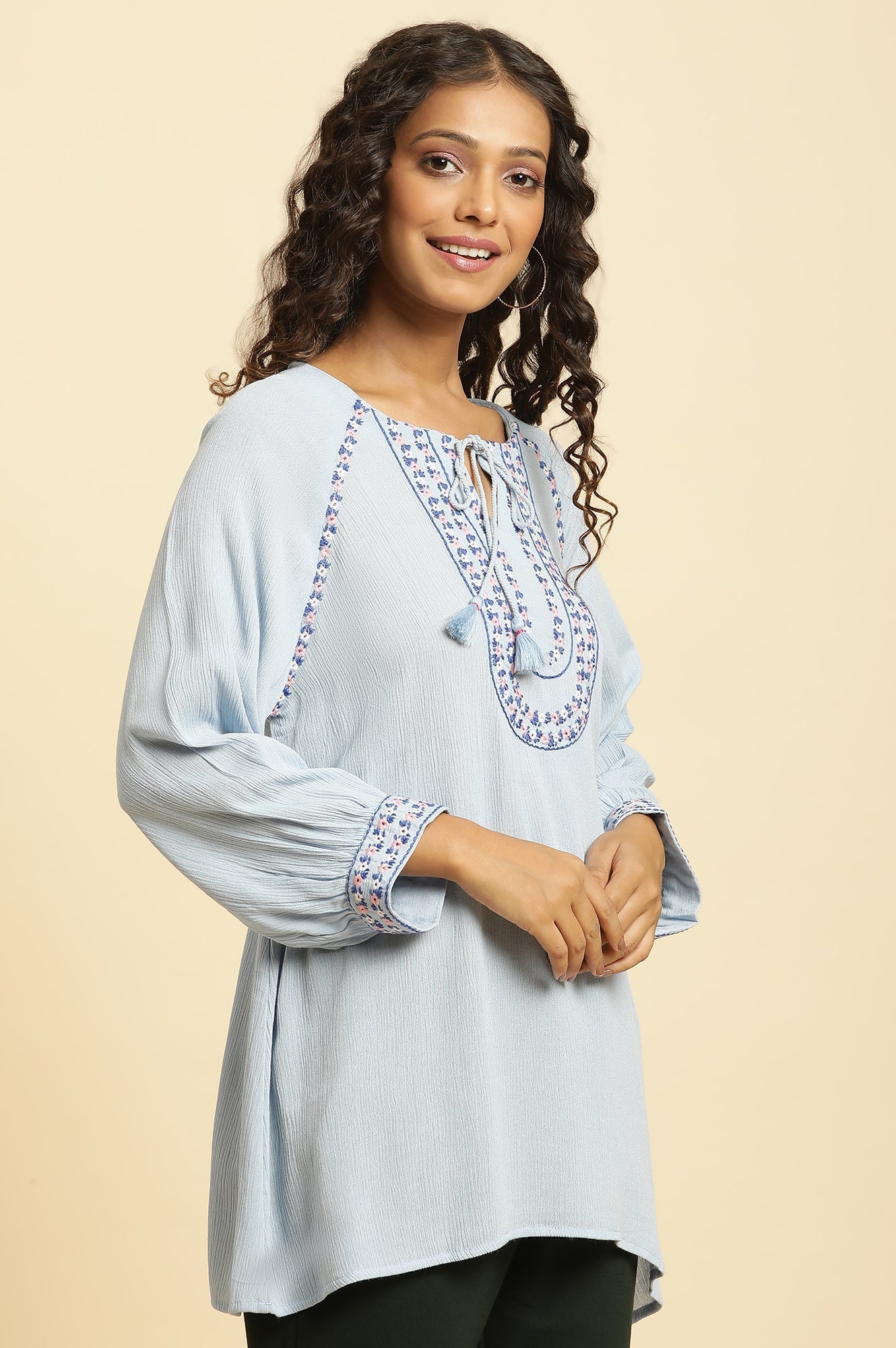 W for Woman Powder Blue Embroidered Yoke Rayon Crepe Straight Top