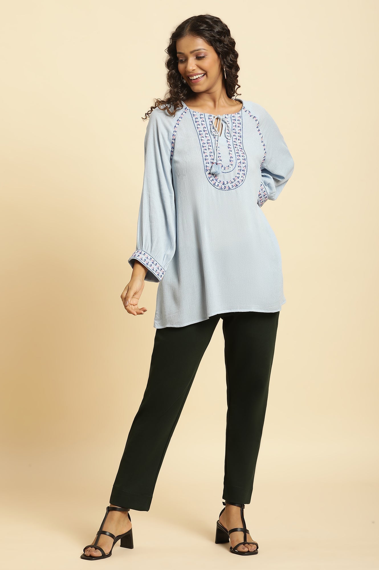 W for Woman Powder Blue Top With Embroidered Yoke