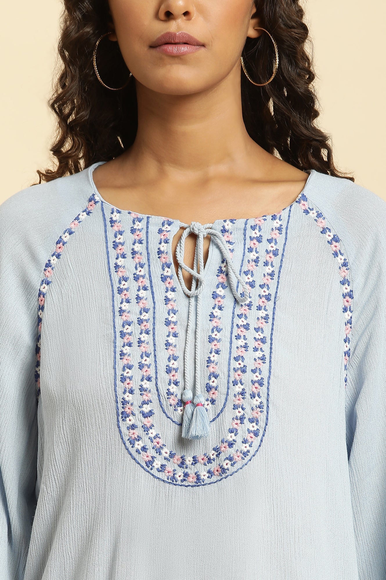 W for Woman Powder Blue Embroidered Yoke Rayon Crepe Straight Top