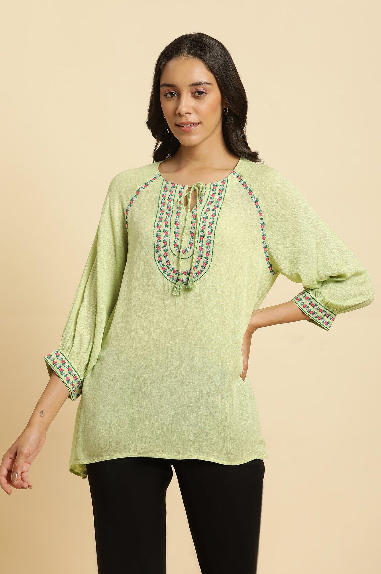 W for Woman Sage Green Embroidered Yoke Rayon Crepe Straight Top