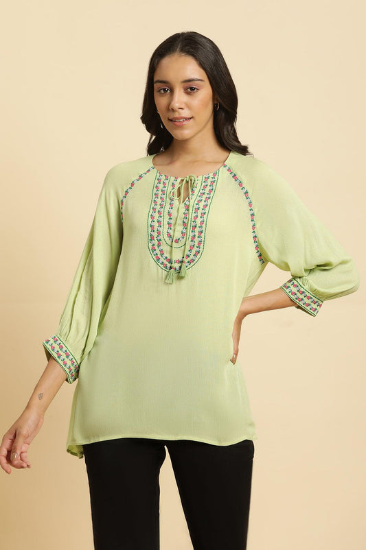 W for Woman Sage Green Embroidered Yoke Rayon Crepe Straight Top