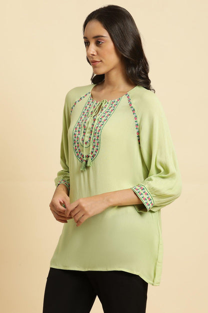 W for Woman Sage Green Embroidered Yoke Rayon Crepe Straight Top