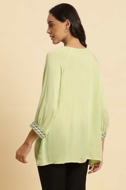W for Woman Sage Green Embroidered Yoke Rayon Crepe Straight Top