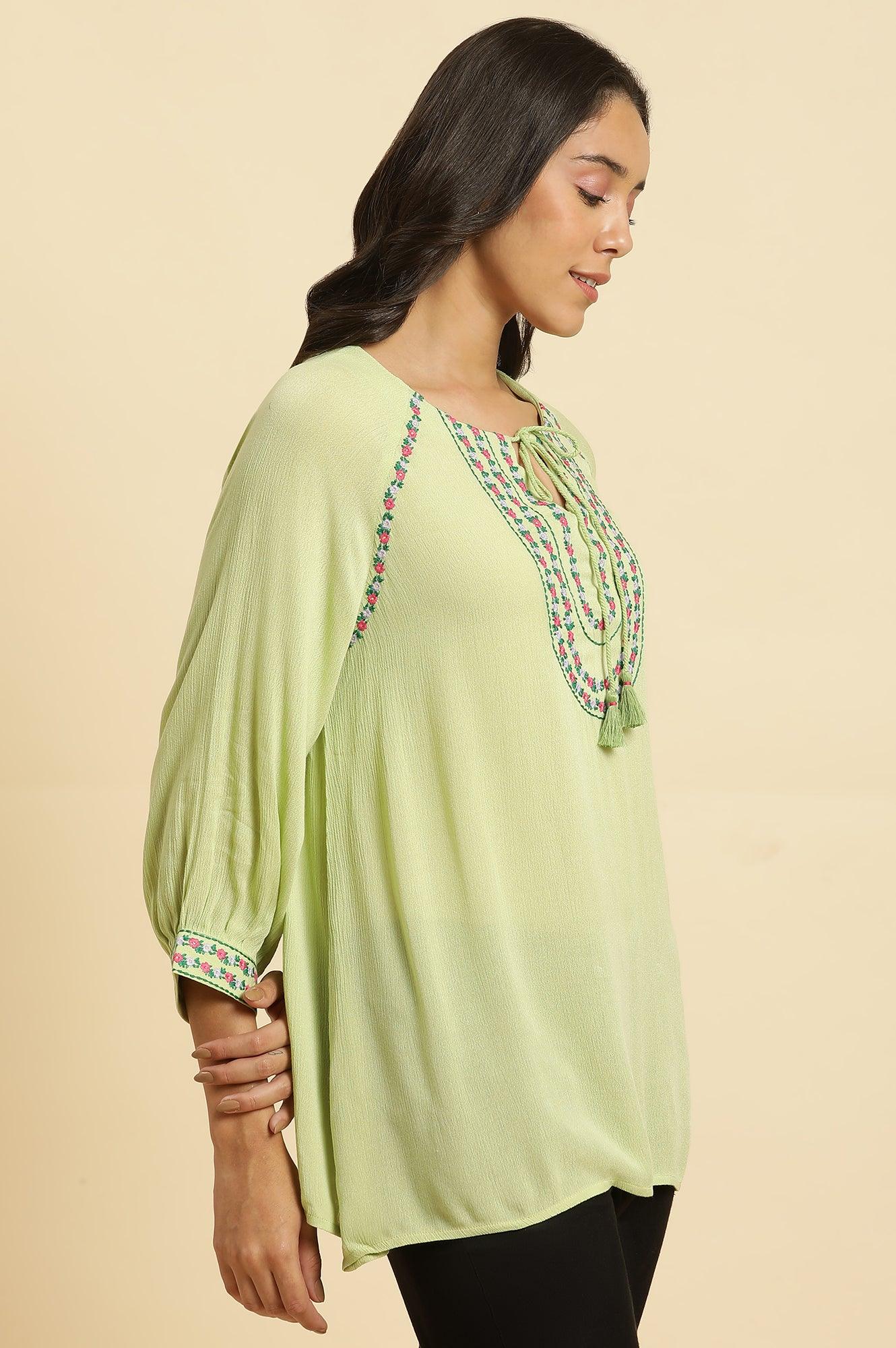 W for Woman Sage Green Embroidered Yoke Rayon Crepe Straight Top