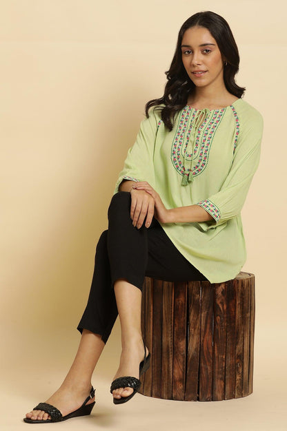 W for Woman Sage Green Embroidered Yoke Rayon Crepe Straight Top